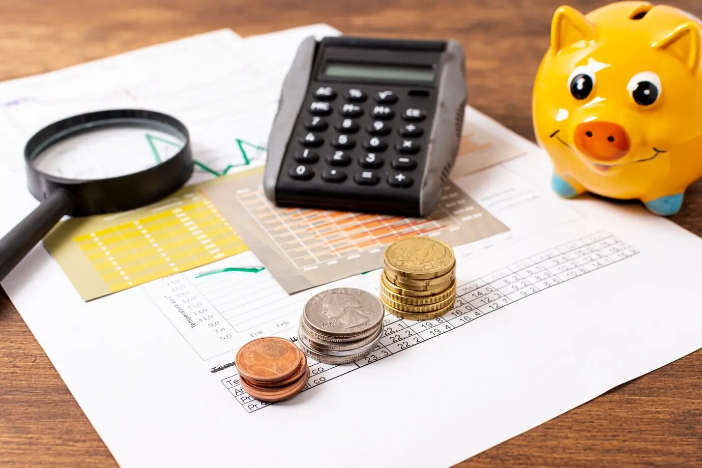 Front-facing view of a piggy bank and stationery items.